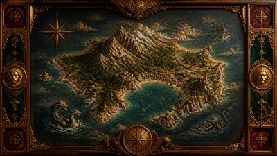 a map of an island realm with mountains, forests, a sheltered bay, sea monsters in the water and a compass rose, no text labels