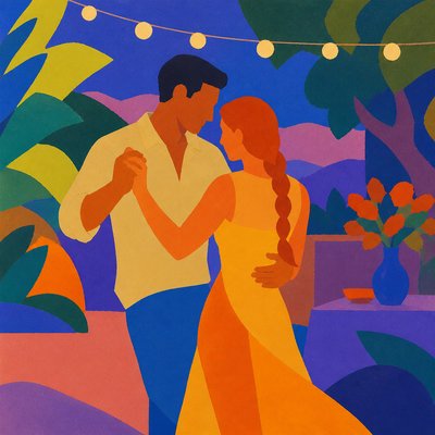 an original couple dancing under string lights in a garden at dusk: a man with short black hair in a linen shirt and a woman with braided red hair in a summer dress