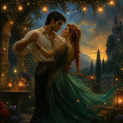 an original couple dancing under string lights in a garden at dusk: a man with short black hair in a linen shirt and a woman with braided red hair in a summer dress