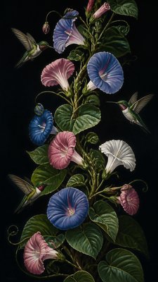 a climbing vine of flowers and hummingbirds on a dark background, tall wrapping composition, no text