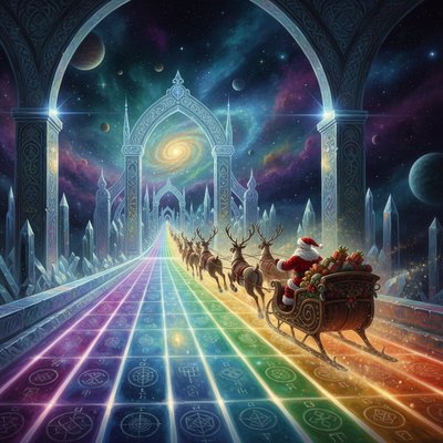 A grand, cinematic wide-angle shot of Santa Claus and his reindeer team galloping across a shimmering, translucent Rainbow Bridge (Bifrost-style) in deep space.

The Bridge & Track: The bridge is a massive, glowing crystalline structure that functions like a celestial racetrack. It features distinct, glowing "cosmic lanes" separated by ribbons of starlight. Along the track are towering, ornate arches that serve as "gates" or "warps," pulsing with magical energy.

The Scene: In the center, Santa’s sleigh is a high-tech, reinforced wooden vessel, leaving a trail of sparkling gold dust. The reindeer are in mid-leap, looking powerful and heroic. They are just passing through a massive, crystalline gate that marks the entrance to a new galaxy.

Background: The background is a vibrant nebula of deep purples, teals, and golds. Distant stars and planets are visible, and the bridge itself stretches out into the infinite distance, winding through the stars.

Style Details:

Visual Style: Epic High-Fantasy meets Sci-Fi (Cyberpunk-adjacent lighting).

Lighting: Dramatic rim lighting on Santa and the reindeer from the glowing bridge below. The "gates" cast a bright, cinematic flare.

Atmosphere: Intense speed, magical wonder, and a sense of an epic, cross-universal mission.