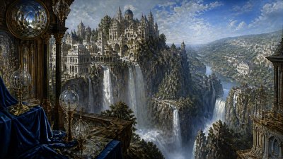a cliffside city with waterfalls cascading into a misty canyon, wide establishing shot, no people, no text