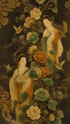 a climbing vine of flowers and hummingbirds on a dark background, tall wrapping composition, no text