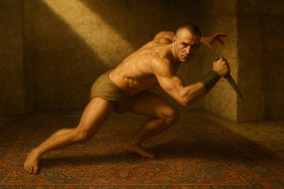 a painting of a man holding a knife