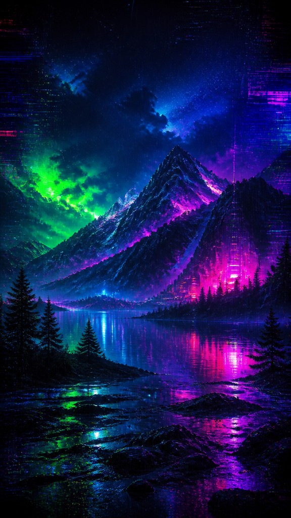 a tranquil mountain lake beneath a starry night sky, no people, no text
