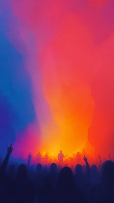 a live music scene with a glowing stage and silhouetted crowd, energetic vertical composition with open space at the top, no text