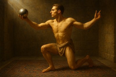 a painting of a man holding a ball
