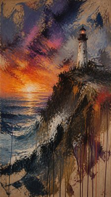 a lone lighthouse on a cliff at dusk under a dramatic sky, no text or lettering