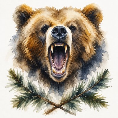 a roaring bear head above crossed pine branches, bold graphic composition on a plain background, no text