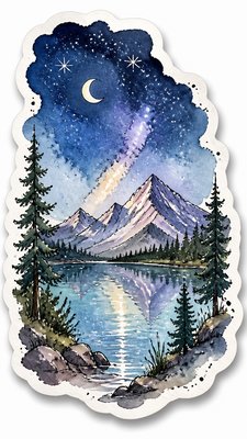 a tranquil mountain lake beneath a starry night sky, no people, no text
