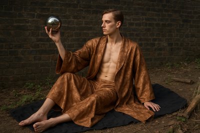 a man sitting on a blanket holding a silver ball