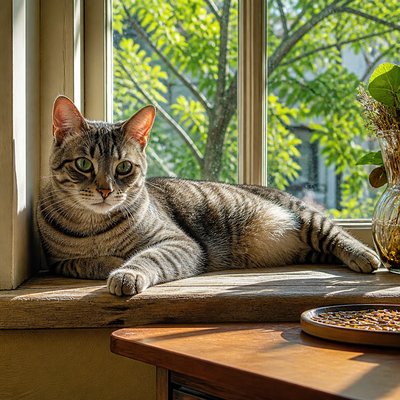 a cat lounging in a sunlit window