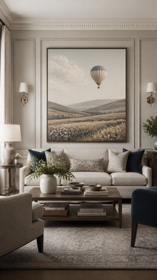 a hot air balloon drifting over rolling flower fields on a sunny day, cheerful, no text
