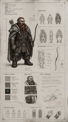 full-body original character: a dwarven ranger with a braided auburn beard, worn leather armor, a longbow and a wolf-pelt cloak, neutral background, no text