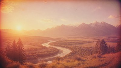 a vast valley with a river winding toward distant mountains at sunrise, no people, no text