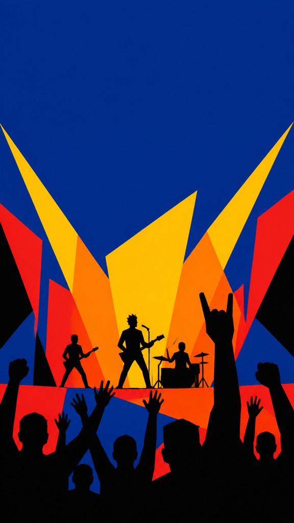 a live music scene with a glowing stage and silhouetted crowd, energetic vertical composition with open space at the top, no text