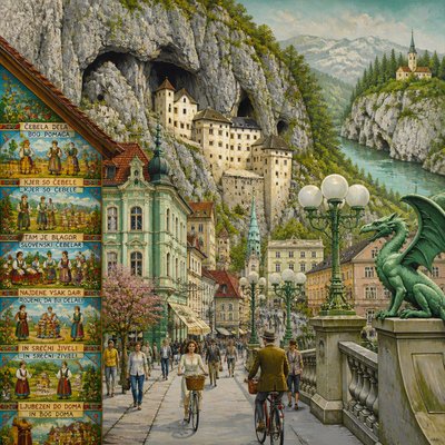 urban street with city activity — Slovenian Art Style