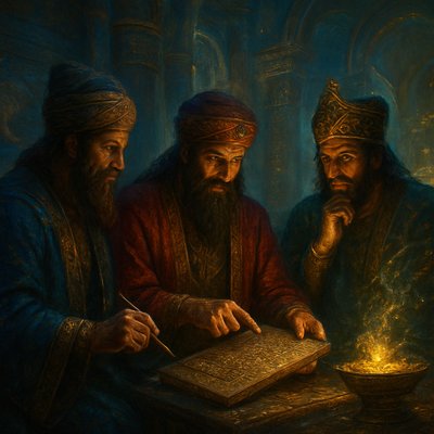 A dramatic, richly detailed scene in the ancient Babylonian royal court. In the foreground, three wise and esteemed Babylonian court magicians (Chaldeans/astrologers) are gathered around a central figure, possibly the king, or intently studying an inscribed clay tablet. They are dressed in opulent, finely woven robes of deep blues, reds, and gold, with elaborate turbans or headwear. Their long, meticulously styled beards and hair indicate their status and wisdom. One magician holds a stylus, another points to intricate cuneiform script on a clay tablet, and the third gazes thoughtfully, perhaps at a celestial chart or into a symbolic brazier. The background reveals the grand, awe-inspiring architecture of the Babylonian palace, with glazed brick walls adorned with depictions of mythical creatures (like the Ishtar Gate lions) and massive, ornate columns. The atmosphere is one of profound intellectual pursuit, ancient wisdom, and mystical interpretation under the watchful eyes of the king. epic fantasy art, cinematic lighting, ultra-detailed, dramatic shadows, mystical glow"