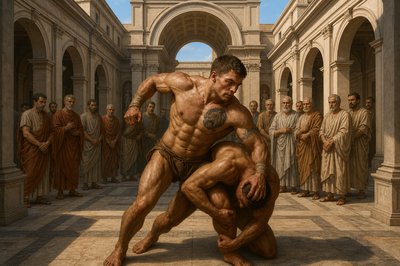 a painting of a man kneeling down in front of a group of men