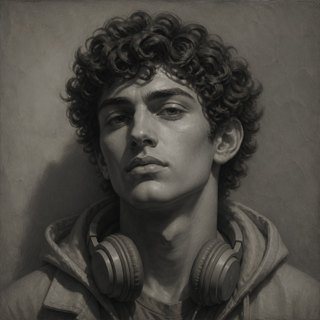 head-and-shoulders portrait of an original character: a young man with curly dark hair and headphones around his neck, plain backdrop, no text