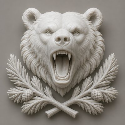 a roaring bear head above crossed pine branches, bold graphic composition on a plain background, no text