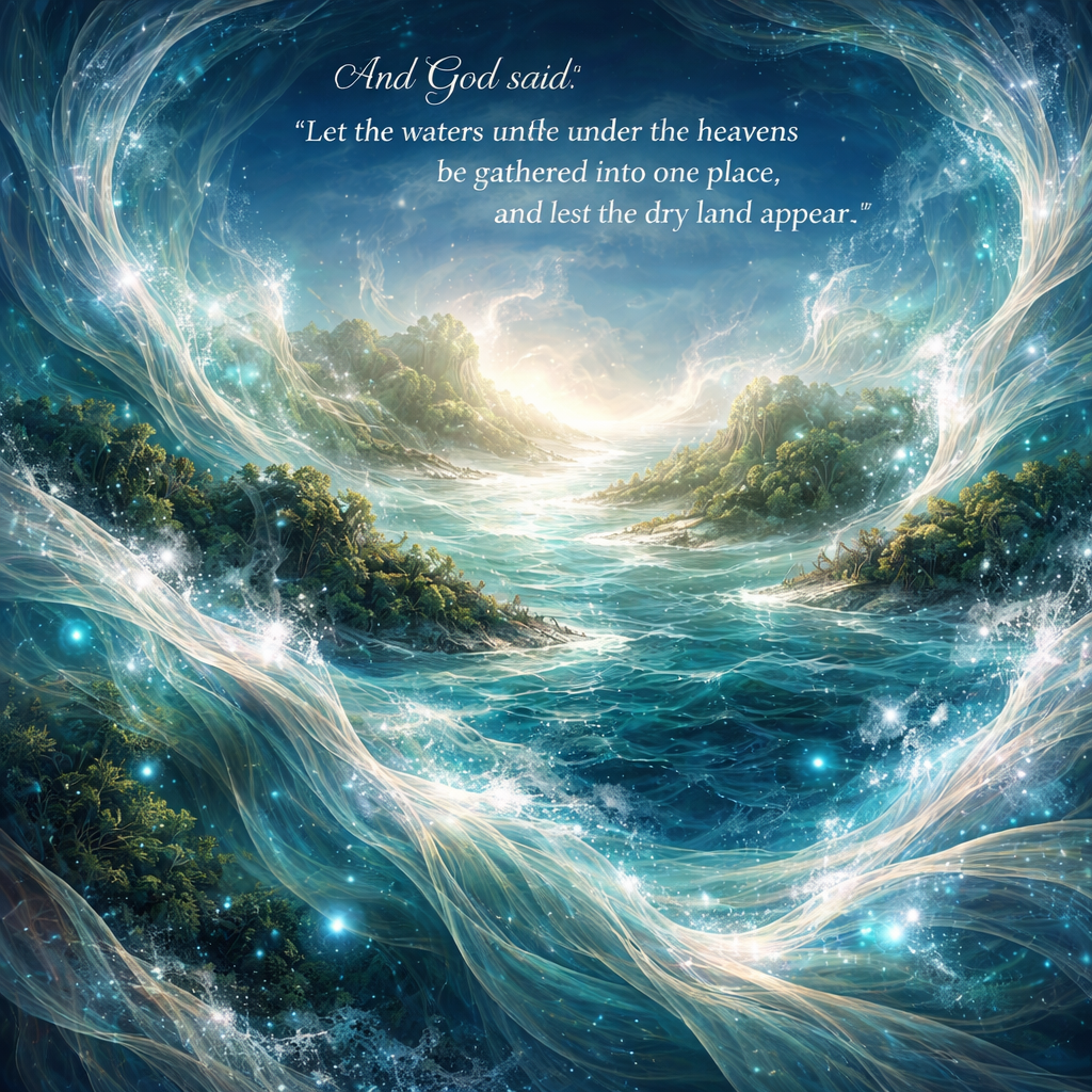 And God said, Let the water which is under the heaven be collected into one place, and let the dry land appear, and it was so. And the water which was under the heaven was collected into its places, and the dry land appeared.
Genesis 1:9 (Brenton)