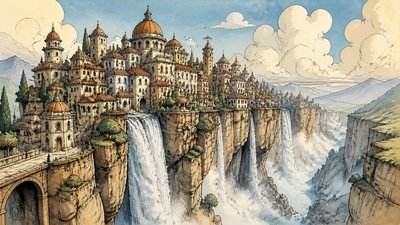 a cliffside city with waterfalls cascading into a misty canyon, wide establishing shot, no people, no text