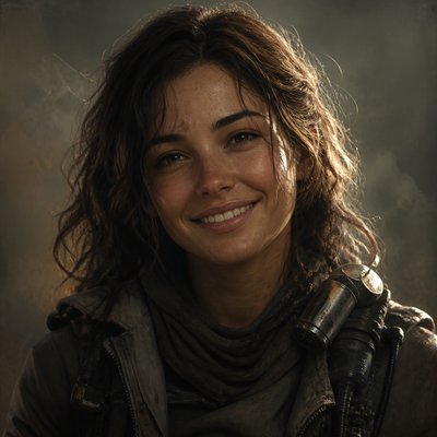 head-and-shoulders portrait of an original character: a young woman with wavy chestnut hair and a warm smile, plain soft backdrop