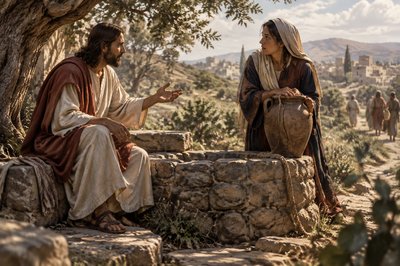 Jesus speaks with the Samaritan woman at the well
