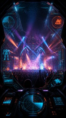 a live music scene with a glowing stage and silhouetted crowd, energetic vertical composition with open space at the top, no text