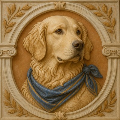 portrait of a golden retriever wearing a blue bandana, warm plain backdrop, no text