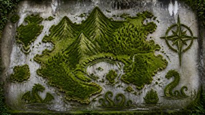 a map of an island realm with mountains, forests, a sheltered bay, sea monsters in the water and a compass rose, no text labels