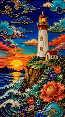 a lone lighthouse on a cliff at dusk under a dramatic sky, no text or lettering