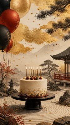 a birthday cake with lit candles surrounded by balloons and confetti, festive vertical composition, no text