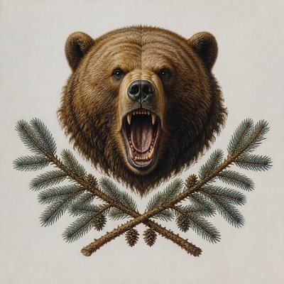 a roaring bear head above crossed pine branches, bold graphic composition on a plain background, no text