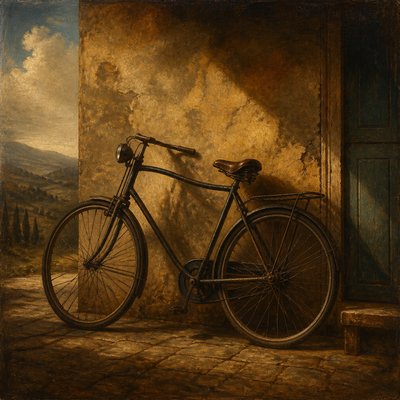 bicyle resting against a wall