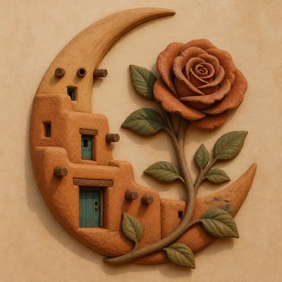 a rose entwined with a crescent moon, clean balanced composition on a plain background, no text
