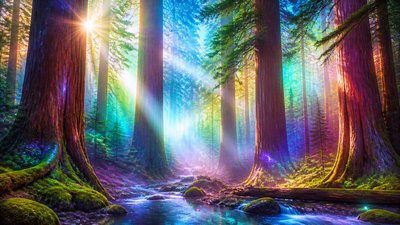 a panoramic redwood forest with light rays through mist, no people