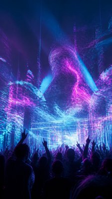 a live music scene with a glowing stage and silhouetted crowd, energetic vertical composition with open space at the top, no text