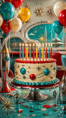 a birthday cake with lit candles surrounded by balloons and confetti, festive vertical composition, no text