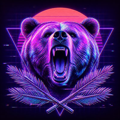 a roaring bear head above crossed pine branches, bold graphic composition on a plain background, no text