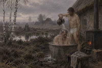 a man in briefs pours a pitcher of water over a man sitting in a tub by a warm stove