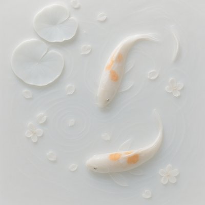 A koi pond seen from above, orange and white koi fish swimming among lily pads, clear water with subtle ripples, fallen cherry blossom petals floating on the surface, dappled sunlight