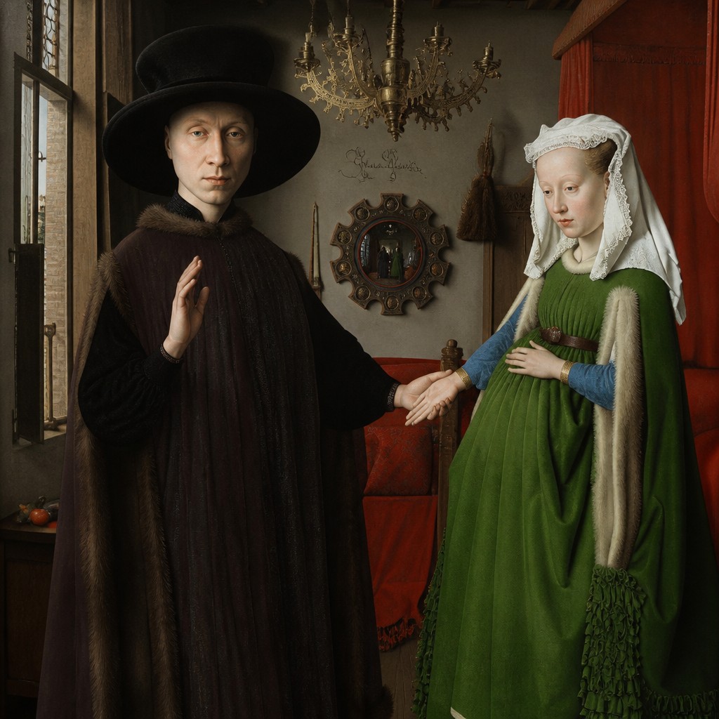 portrait of two people together — Flemish Primitives Art Style