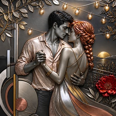 an original couple dancing under string lights in a garden at dusk: a man with short black hair in a linen shirt and a woman with braided red hair in a summer dress