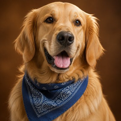 portrait of a golden retriever wearing a blue bandana, warm plain backdrop, no text