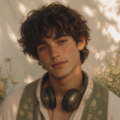 head-and-shoulders portrait of an original character: a young man with curly dark hair and headphones around his neck, plain backdrop, no text
