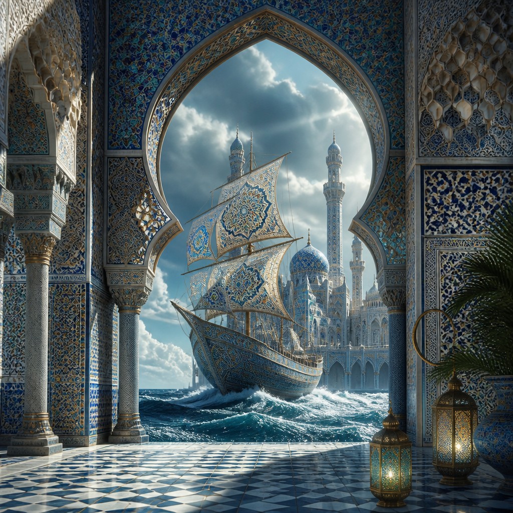 sailing ship on a stormy sea — Islamic Architecture