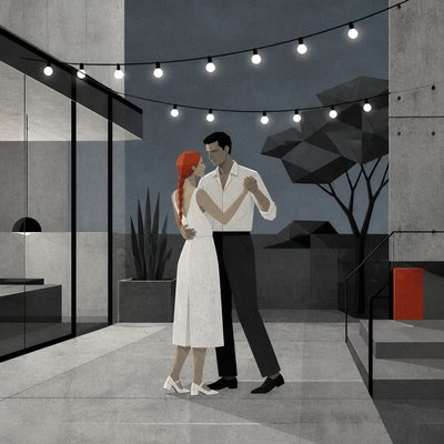 an original couple dancing under string lights in a garden at dusk: a man with short black hair in a linen shirt and a woman with braided red hair in a summer dress