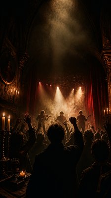 a live music scene with a glowing stage and silhouetted crowd, energetic vertical composition with open space at the top, no text